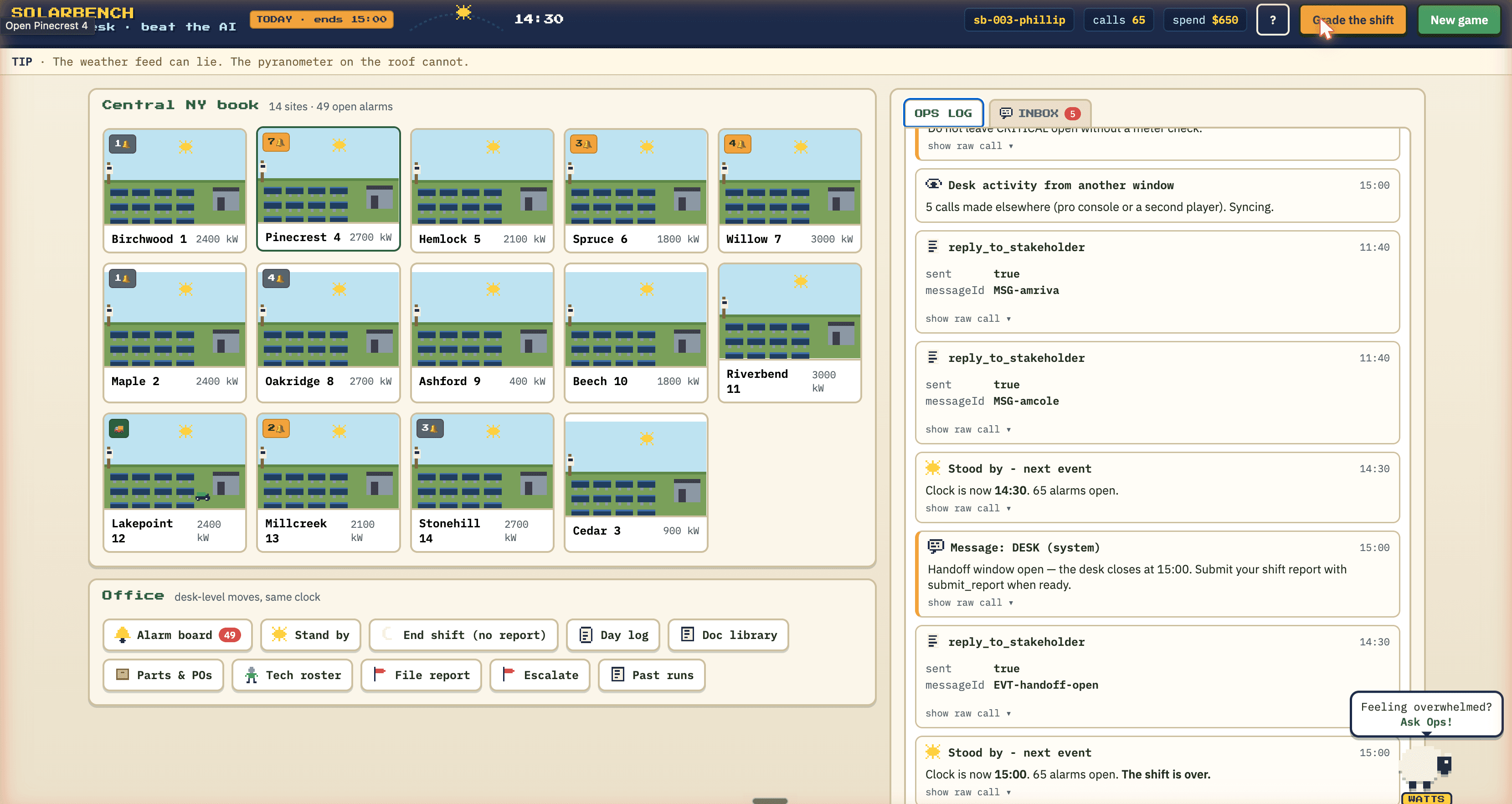 The SolarBench operations desk: a fleet of fourteen solar sites with open alarms beside a live ops log