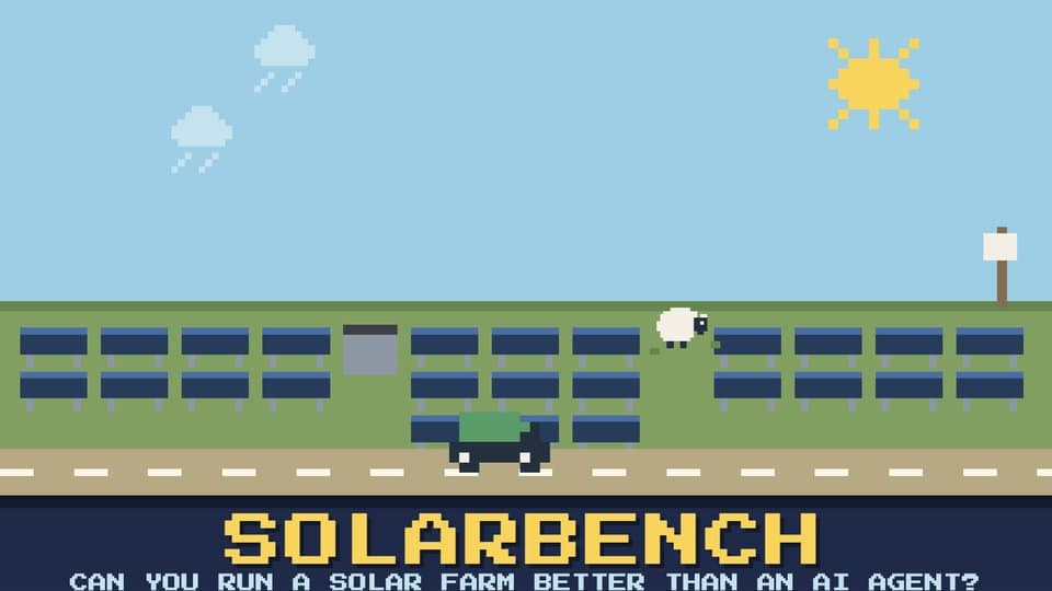 SolarBench title screen with pixel solar farm, sheep, and Start your shift